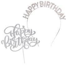 JOYPARTY 메탈릭 생일머리띠   글리터 생일토퍼 세트, 로즈골드(머리띠), 실버(토퍼), 1세트