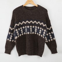 빼빼 여성용 배색 노르딕 루즈핏 니트 티셔츠