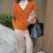 아이엠몽 여성용 브이넥 니트 골지 단추 포인트 루즈핏 꽈배기 가디건