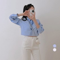 밀키버터 여성용 베이직 크롭 포켓 셔츠