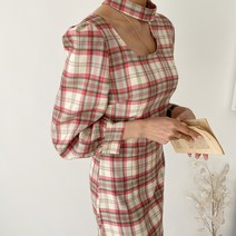 페이퍼먼츠 러블리 어깨트임 체크무늬 긴 팔 미디 원피스 13801