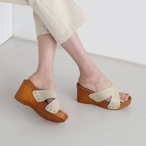 단골언니 여성용 베르에 X스트랩 우드 통굽 웨지 뮬 7cm