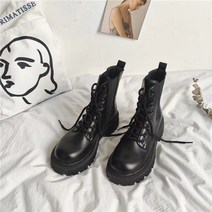 블랙 플랫폼 컴뱃 앵클 부츠 여성용 레이스업 버클 스트랩 여성 신발 겨울 바이커