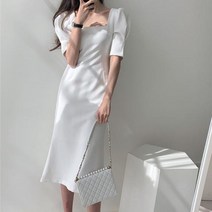 셀프 웨딩드레스 셀프웨딩 화이트 드레스 빈티지 반팔 솔리드 미디 여성용 스퀘어 칼라