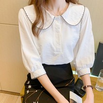 도니와 여성 둥근카라 7부소매 기본블라우스 봄블라우스 여름블라우스 면블라우스 데일리룩 예쁜블라우스 배색라인블라우스 데이트룩 결혼식 하객패션 출근패션 정장블라우스 캠퍼스룩 소개팅룩