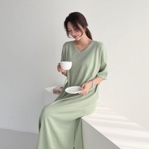 [바보사랑] 여자 V넥 트임 반팔 파스텔 스판 민무늬 오버 원피스