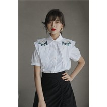 셔츠 자수 상의 루즈핏 넥 반팔 이중 여썸머 화이트