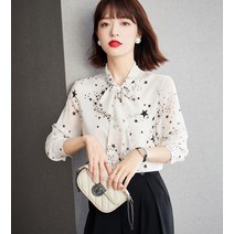가을 패션 긴팔 프린트 쉬폰 블라우스 여 고급스러운 시크한 리본 상의 미니멀한 디자인
