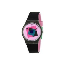 스와치 Crazy Square Pink 다이얼 Black Rubber 남여공용 손목시계 GA109