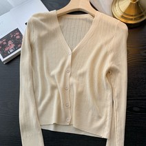 겨자 수제 얇은 스웨터 여성 봄과 여름 짧은 카디건 코트 아이스 실크 부드러운 v 넥베이스 스웨터