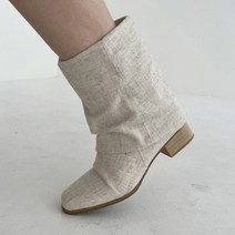 린넨 루즈핏 캐쥬얼 우드굽 미들부츠 하프 앵클 마부츠 블랙 아이보리 4cm