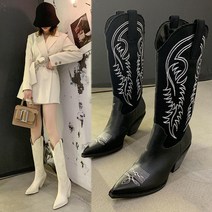 TB 배색 마부츠 웨스턴 롱부츠 앞뾰족 Q1032506 스웨이드 미들굽 자수패턴 직템