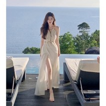 비치 원피스 산야 관광 옷 화이트 해변 휴가 허리 컷 아웃 드레스 긴 포옹 슬링 비치 스커트 불멸