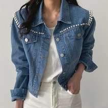 [워니쇼룸] 진주카라라인청자켓 포인트장식 간절기룩 캐주얼데님 여성데님자켓 크롭