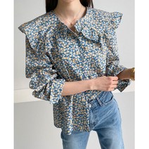 여성 봄 기본핏 프릴 빅카라 플라워 나염 꽃무늬 면소재 볼륨 셔링 블라우스 러블리 데이트룩 셔츠 캐주얼 패션 옷 코디