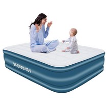 Smswmaw 펌프가 내장된 퀸 에어 매트리스 45.7cm(18인치) 높은 공기 주입식 블로우 업 매트리스 자체 팽창/수축 편안하고 부드러운 플록 탑 에어 베드 캠핑 여행, Blue