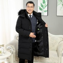 아빠 겨울 중장년 패딩 남 무릎 위 롱에 두꺼운 방한 빅 퍼 칼라 패딩 화이트 오리털 점퍼