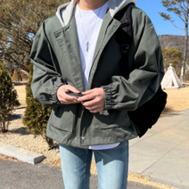 다칸 오버핏 더블포켓 후드집업 크롭 야상 자켓