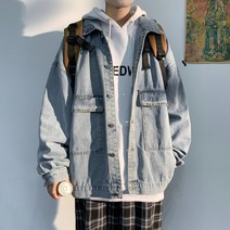 후드자켓노카라청자켓여성간절기자켓 남성 데님 재킷 스트리트웨어 긴팔 가디건 싱글 단추 포켓 스티치 루즈한