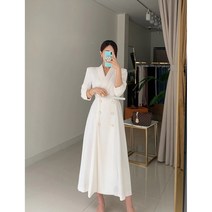 (블랙 화이트)럭셔리 더블버튼 트렌치 롱원피스 A라인 맥시롱기장 긴팔 가죽벨트 랩 트렌치원피스 여성스러운 코트