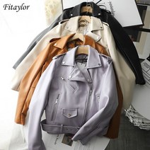 여성가죽자켓 Fitaylor봄 가을 블랙 브라운 모토 바이커 인조 가죽 자켓 여성 스트리트웨어 슬림 코트 화이트 가죽 아웃웨어 벨트 포함