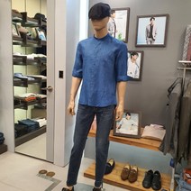 바쏘옴므 바쏘옴므 블루 린넨 7부 차이나 셔츠 WSU2TA20ABU NC