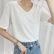 마이시즌 여성용 솔리드 브이넥 반팔 티셔츠