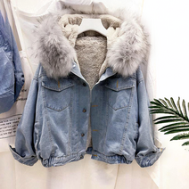 꽃소담 Winter denim coat ZYZC9425 카우보이면 패딩 여성용 짧고 벨벳 패딩면 패딩 재킷 겨울 프라이드 스트리트 학생 bf 느슨한 양고기 코트