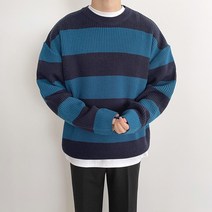 애드매이브 두꺼운 단가라 스트라이프 라운드 오버핏 니트(7color)