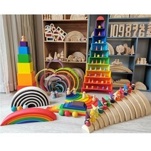 키즈 우드 레인보우 아치 스태커 파스텔 빌딩 블록 반원형 볼 플레이트 Unpaint Stacking Toys, 01. rainbow 12