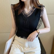 레이스 V 넥 아이스 실크 조끼 여성 모든 매치 민소매 바닥 슬링 니트 짧은 탑 [ 월 일 종료]