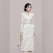 2022 뉴패션 프렌치 스타일 v넥 긴소매 레이스 화이트 미디 트렌치코트 드레스