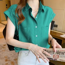 WZC 여성 카라 반팔 셔츠 남방 무지 루즈핏 롤업 투포켓 블라우스 상의 봄 여름 빅사이즈 4컬러