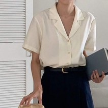 3colors 실키한 촉감 여성 여름 브이넥 레이온 실크 셔츠 카라 반팔 바스락 블라우스