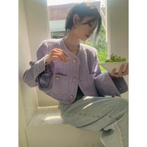 프렌치 스타일 하이웨이스트 짧은 싱글 브레스트 탑 가을 하이 엔드 스탠드 따뜻한 작은 향기로운 트윬드, 바이올렛-M