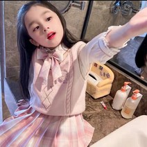 FANSYLI 여아 유니폼 키즈 스쿨룩 주니어 플리츠 셔츠 정장 세트 여아 카디건 스웨터 3종 세트 352호 6F