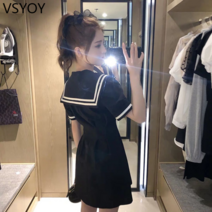 vsyoy 여름 새로운 작은 검은 드레스 네이비 칼라 허리 슬림 소금 달콤한 반소매 드레스