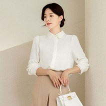 시크라인 카라넥 플리츠 트리밍 히든버튼 블라우스