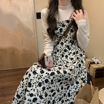 니트레이어드원피스 까마귀 77디자인 페이크레이어링 플라워 원피스 털갈이 병접연결 니트 날씬해보이는 작은키 A형롱스커트 여성겨울옷