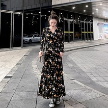 쉬폰 허리 스트링 롱원피스 트렌드 봄 스커트 긴팔 원피스 여 여위어 날씬해 보이는 기품