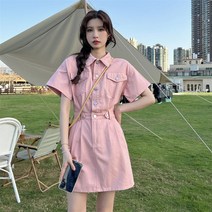 청슈트 데님오버롤 카라 반팔 핑크 데님 원피스