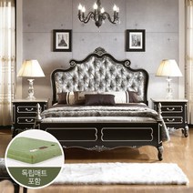 유캐슬 로젠 블랙 엔틱 원목 벨벳 퀸침대 (+독립매트리스), 단품