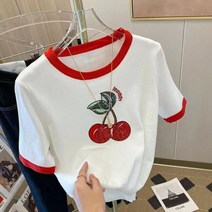 오프숄더 케이블 크롭 반팔 티 골지 니트 세미 여름 체리 스팽글 스웨터 Tshirt 여자 캐주얼수 달콤한 탑오버 숙 녀