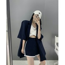 블라우스 상하의 플리츠 여성 반바지 캐쥬얼 치마 셔츠 빈티지 모던 투피스 박시 반팔 코트 높음
