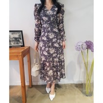 상상그이상 여성용 팔셔링 플라워 원피스 브이넥 허리끈 프릴 롱원피스 하객룩 데이트룩 코디