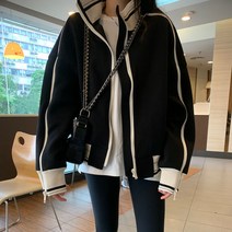HOUZHOU 숙녀 블랙 지퍼 야구복 재킷 코트 오버핏 캐주얼 여성복