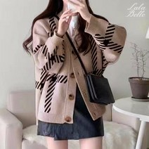 라라벨 여성 브이넥 심플 베이직 쉐입 빅체크 무늬 루즈핏 데일리 가디건