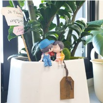 신혼부부선물 차량용 자동차 모니터 미니 피규어 화분 네비게이션 대시보드 장식 커플 집들이 데코 인형 선물, 02(풍선0) 나란히 파란모자