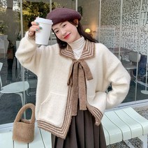 여성 니트 리본 가디건 나비 매듭 스웨터 겨울 폭발 스타일 세련된 디자인 카