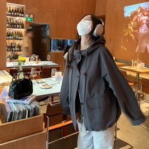 런던플랏코트 약간 뚱뚱한 후드 작업복 여성용 윈드 브레이커 자켓 가을 대형 루즈 슬리밍 자켓 캐주얼 탑